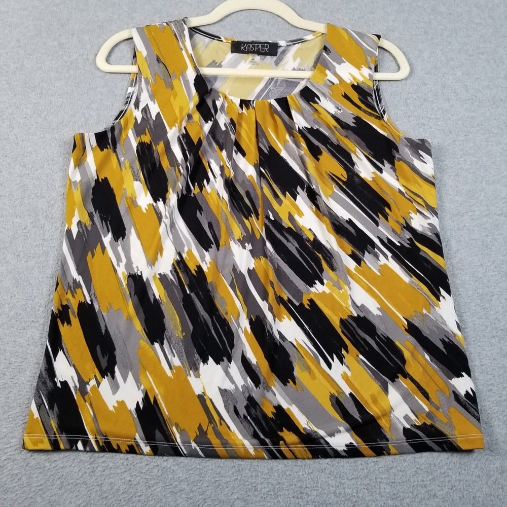 Kasper Tank Top Women's PM Petite Medium Yellow Gray Abstract Pleated Neck Shell